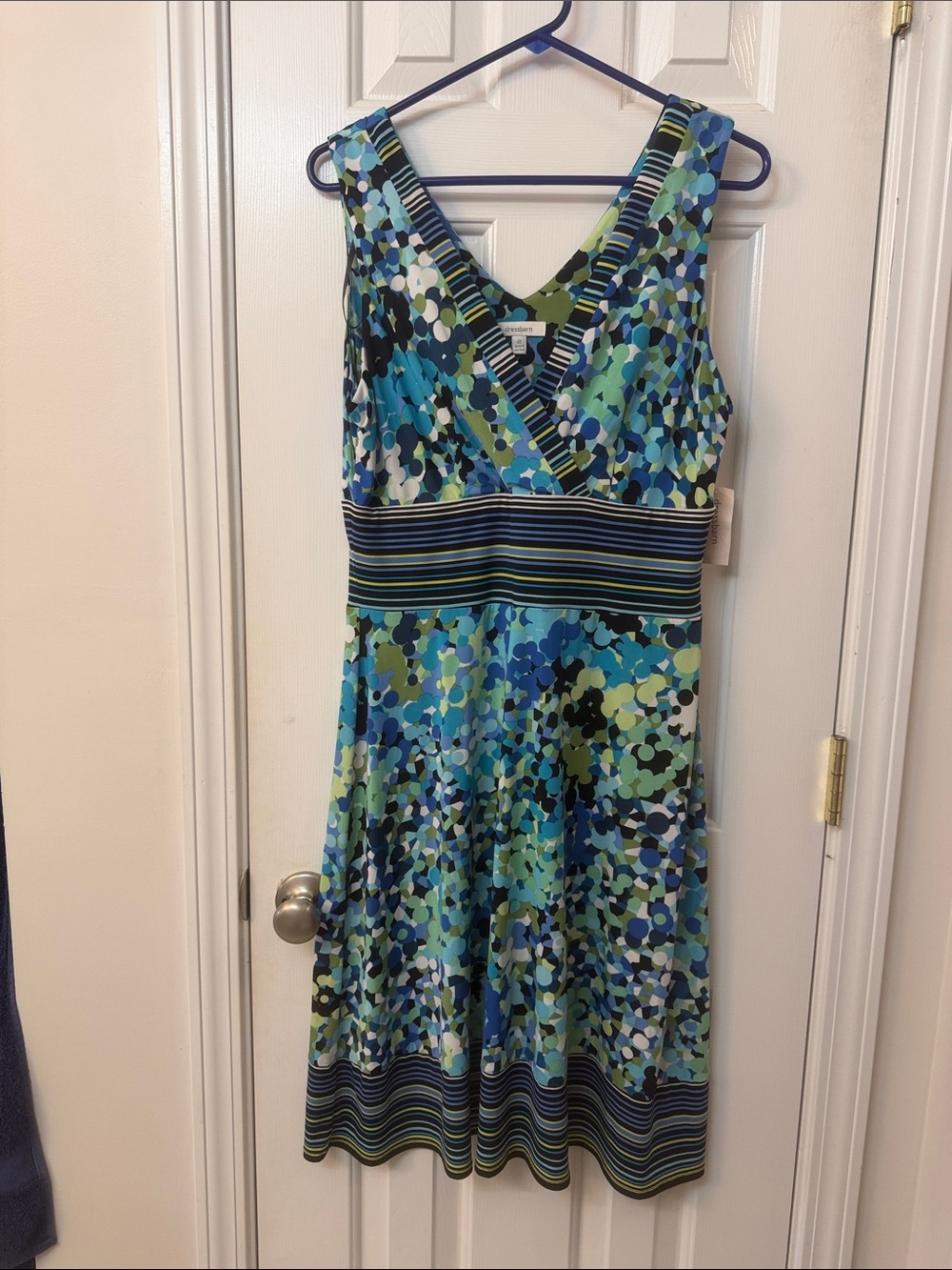 Dress Barn Blue Green Abstract Dot V-Neck Midi Dress
